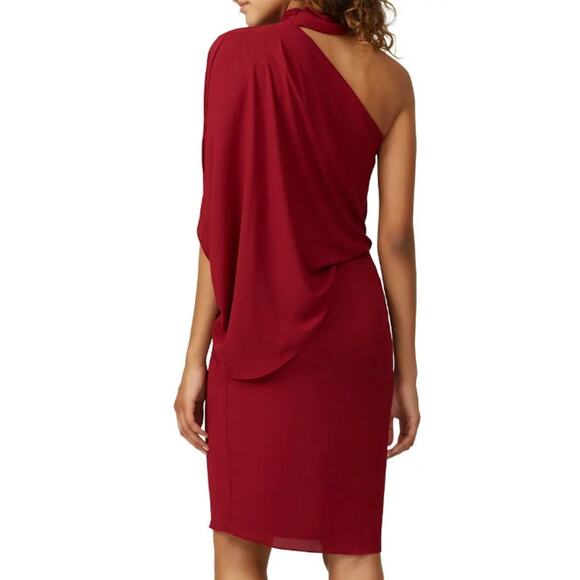 Halston Red One Shoulder Cocktail Dress SIZE 6 Draped Sheath Chic Designer $295 - Picture 4 of 9